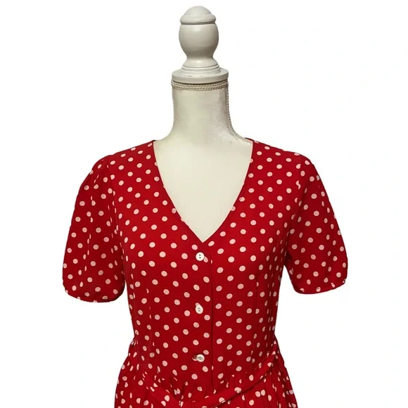 Eva Rose Short Sleeve Polka Dot Belted Dress with Pockets Red